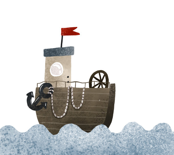 蓝色波浪上的木船。水运，旅游。男孩的图片。手绘插图，独立设计的印刷品，纺织品，贴纸图片下载