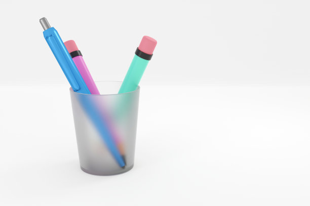 各种学校用品的3D插图蓝色铅笔和钢笔在玻璃图片下载
