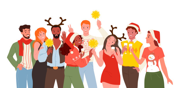 朋友们庆祝寒假，戴着圣诞老人帽的各种人物站在一起图片下载