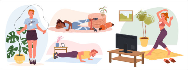 卡通男孩跳绳和训练，女孩在电视前的垫子上跳舞，人们实践健康的生活方式。积极的男人和女人在家里设置矢量插图的体育锻炼。图片下载