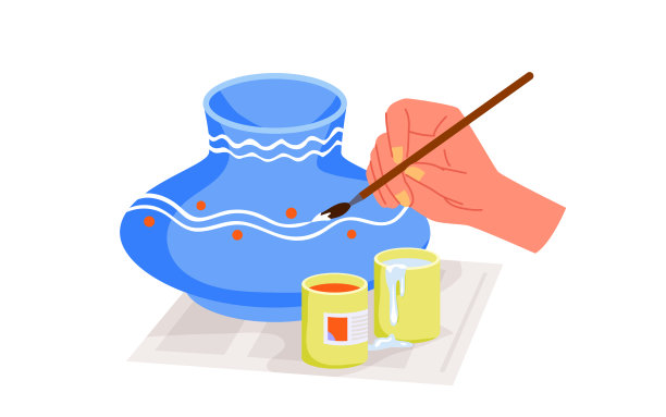 陶艺创作绘画，艺术手工艺品爱好，手持毛笔画线锅图片下载