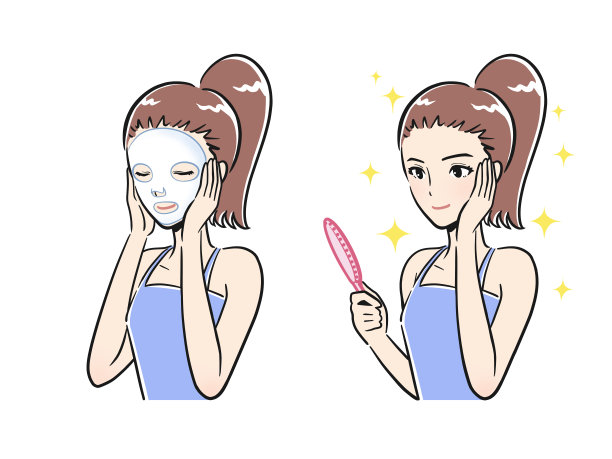 一群年轻女性戴上面膜，看着自己的手镜，以保持皮肤清洁。图片下载