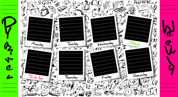 具有漫画风格的创意和想法。待办事项列表与即时照片和手绘在一个白色的背景。时尚抽象创意周计划。图片下载