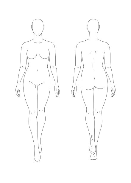 一个完整的女性身体的素描。前后视图。手的位置沿着身体的长度，腿在运动。您可以直接在草图上打印和绘制。时尚插画。图片下载