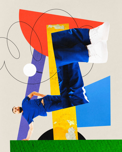 海报。当代艺术拼贴。现代艺术作品。有才华的男子霹雳舞演员与巨大的腿表演冻结创意彩绘背景。图片下载