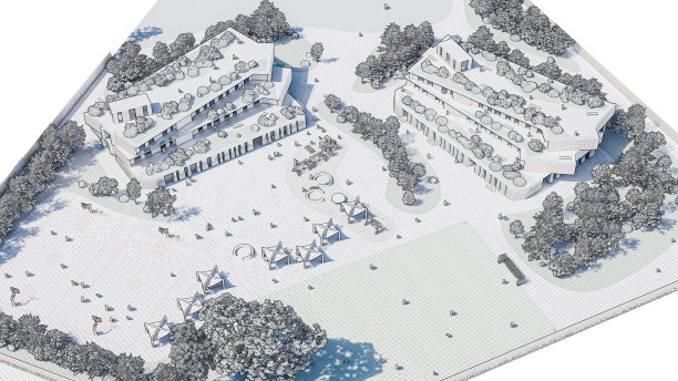 黑白3D轴测视图的学校与树木图片下载
