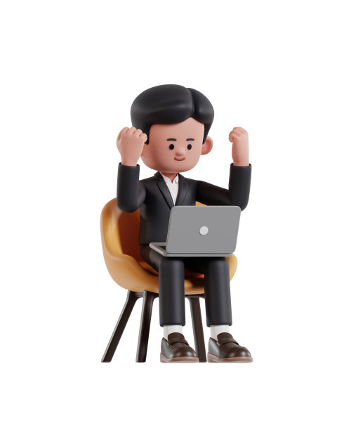 卡通商人看着笔记本电脑屏幕，同时举手庆祝图片下载