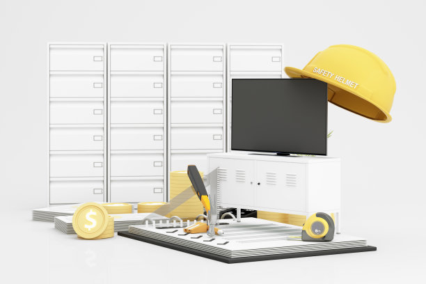 室内设计家具的承包商和施工成本估算客厅周围的木工设备进行装修，安全第一。卡通风格。三维渲染图片下载