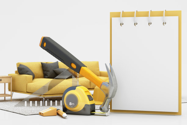 室内设计家具的承包商和施工成本估算客厅周围的木工设备进行装修，安全第一。卡通风格。三维渲染图片下载