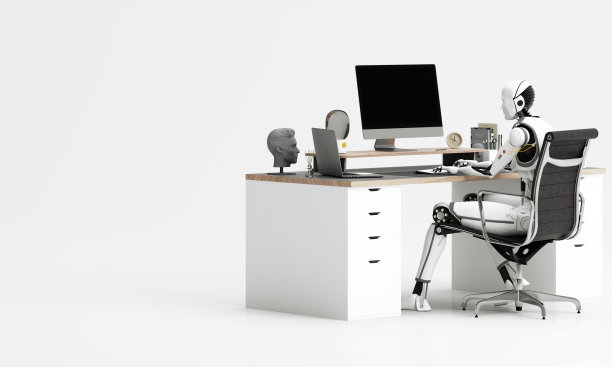 坐在办公桌前的三维人形机器人。未来概念没有人用智能机器人代替人类用技术人工智能。在白色的背景上。在3D渲染中。图片下载