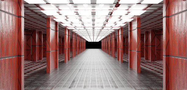 展厅未来主义现代隧道管道技术未来主义空间的地板和墙壁以及展厅科幻走廊房间3D插画图片下载