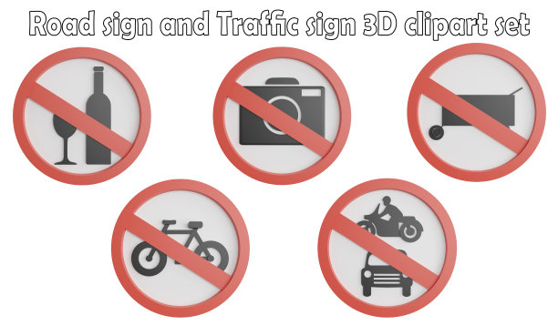 道路标志和交通标志剪贴画元素，3D渲染道路标志概念孤立在白色背景图标集No.8图片下载