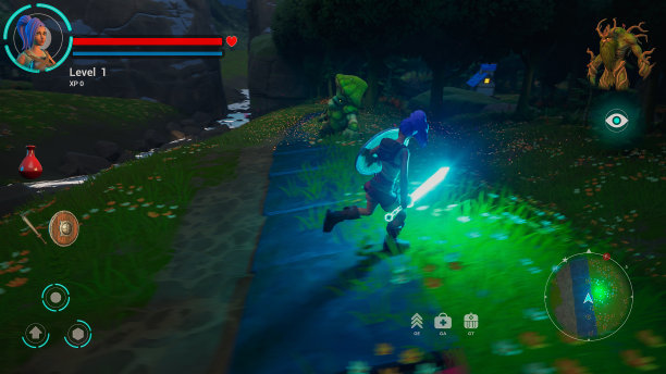 夜间视频游戏模型:3D幻想角色扮演游戏的玩法，女性英雄角色在冒险中，在魔法森林中奔跑，在任务中战斗怪物并获得积分。3D渲染。图片下载