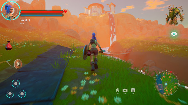 电子游戏模型:在美丽的3D领域的电子游戏设置可玩的角色重生。奇幻RPG，女性英雄角色在冒险中，朝着地图上标记的目标奔跑。3D渲染。图片下载