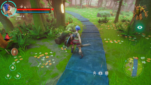 视频游戏模拟屏幕:3D幻想角色扮演游戏的玩法，女性角色在冒险中，与敌人战斗。有趣的视频游戏的谜题，任务设置在一个神奇的森林。3D渲染图片下载