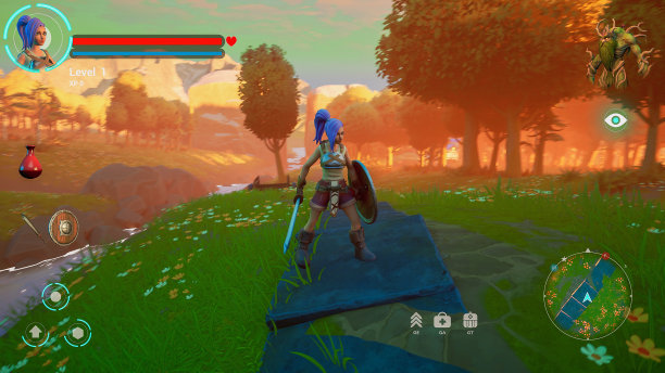 电子游戏模型的可玩角色重生设置在美丽的3D领域。奇幻RPG，女性英雄角色在冒险，发现，看着地图上标记的目标。3D渲染图片下载