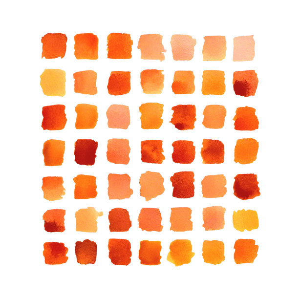 一套49个小水彩点在温暖的黄色，橙色和红色。手绘斑点在白色的背景。温暖生动的秋季调色板。正方形结构的方形涂抹物。插图图片下载