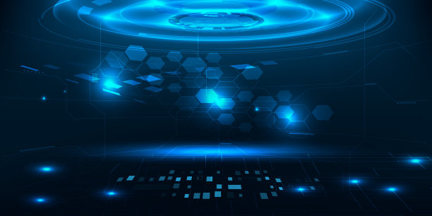 矢量插图数字高科技环境和透视水平空间的技术和创新产品的广告艺术作品。图片下载