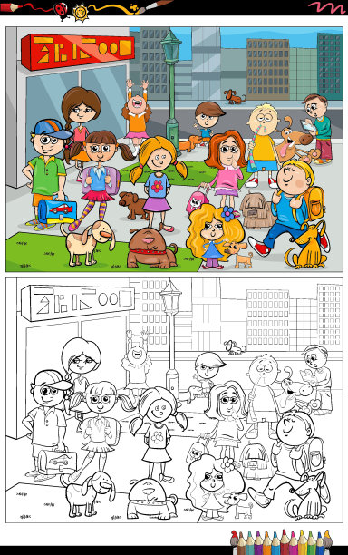 卡通儿童和狗人物组涂色页图片下载