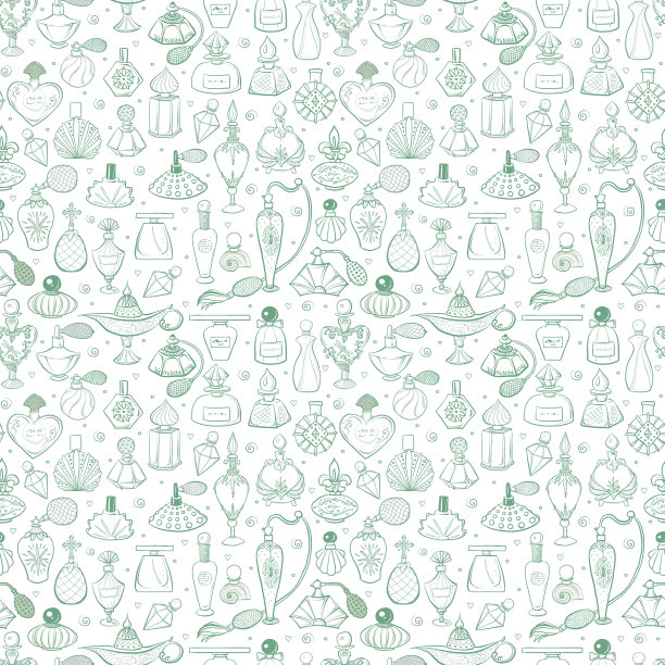 白色背景上的灰色涂鸦香水无缝图案。可用于墙纸，图案填充，纺织品，网页背景，表面纹理。图片下载