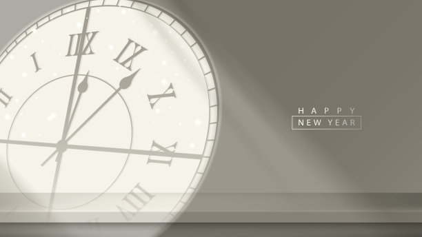 年景和时钟的影子照进架子墙房。新年快乐。矢量插图。图片下载
