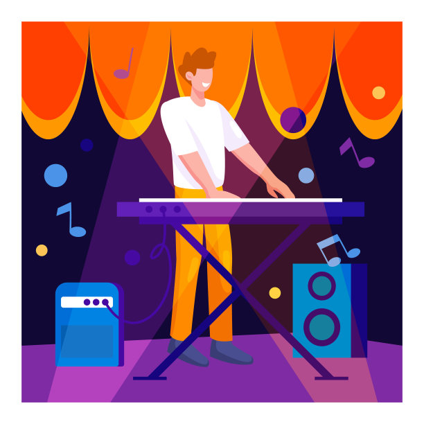 年轻快乐的男性站在电钢琴旁边，在舞台上表演，为人们演奏图片下载