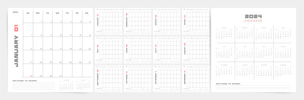 2024桌面日历模板。一周从周日开始。简洁的极简主义设计。商业和个人使用。高效规划的英文矢量布局。图片下载
