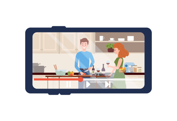 卡通夫妇切蔬菜沙拉，享受烹饪食物一起在厨房矢量广播在手机屏幕上图片下载