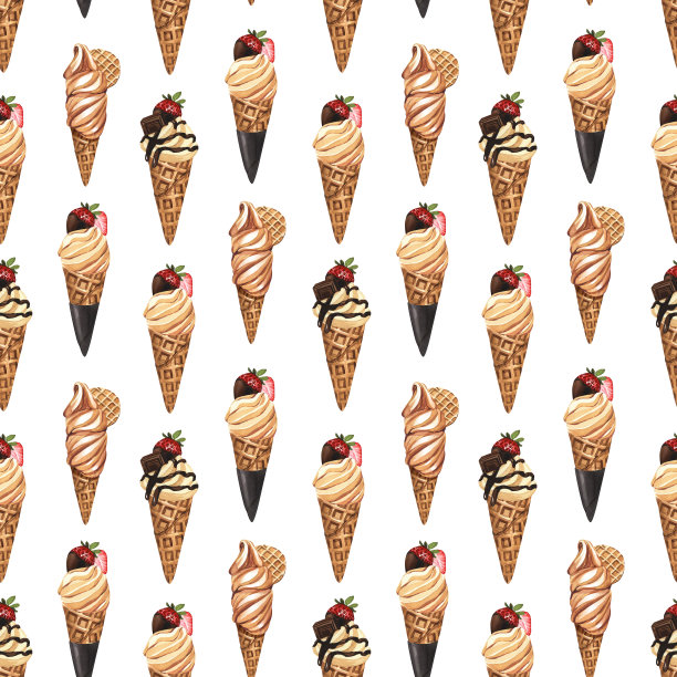 水彩甜点图案，软冰淇淋华夫蛋筒与饼干和草莓。手绘插图孤立在白色背景。完美的食物菜单，设计包装，面包店，烹饪图片下载