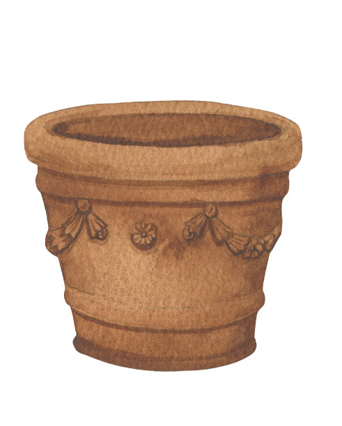 陶瓷花盆水彩插画。隔离在白色背景上图片下载