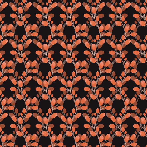 手绘水彩橙色kalina浆果无缝图案隔离在黑色背景。乡村风格插画可用于纺织品、布艺、墙纸等印刷品。图片下载