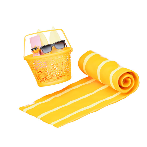 沙滩垫野餐篮夏季3d现实渲染图标孤立的白色背景。剪切路径。图片下载