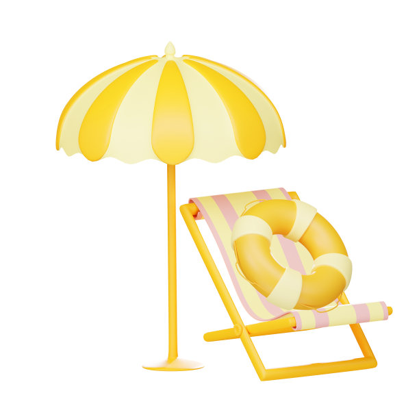 沙滩椅夏季和救生圈与沙滩伞锚3d现实渲染图标孤立的白色背景。剪切路径。图片下载