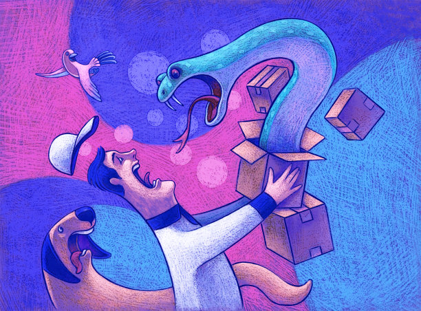 快递员震惊地看着愤怒的蛇从包裹箱里出来图片下载