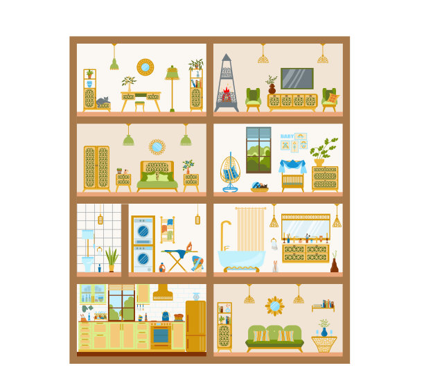 舒适的玩具屋，装饰艺术风格的雕刻家具。带有家具的优雅房子的一部分。家里有卧室，厨房，客厅，浴室，洗衣房。平面卡通风格的插图图片下载
