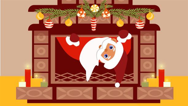 圣诞老人从装饰着圣诞花环和蜡烛的壁炉里望出去，一幅平面风格的节日圣诞插图，一张寒假贺卡。图片下载