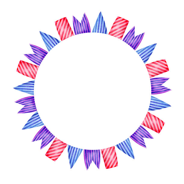 水彩圆形框架与不同的条纹旗帜，手绘插图花环的蓝色，品红，紫色旗帜孤立在白色背景。图片下载