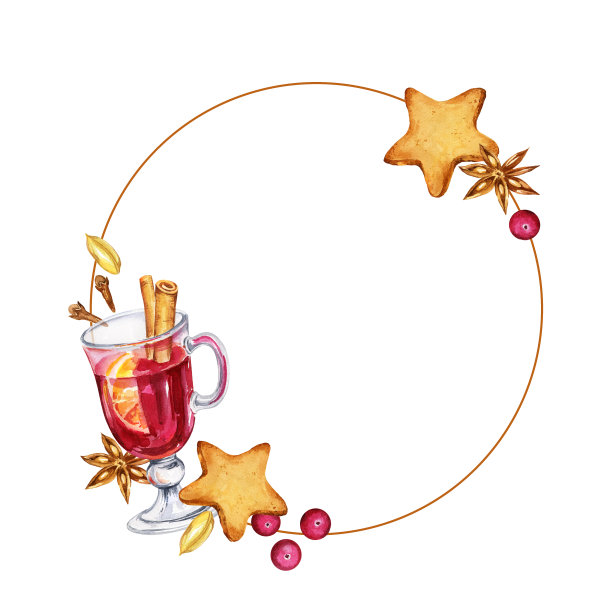 水彩圆形框架与一杯热红酒和配料，饼干，茴香，浆果，丁香，手绘素描，插图饮料孤立在白色背景图片下载