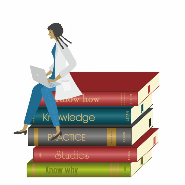 女人，医生，保健工作者，科学家，学生，笔记本电脑坐在一堆书上。孤立。矢量插图。图片下载