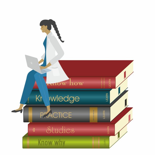 女人，医生，保健工作者，科学家，学生，笔记本电脑坐在一堆书上。孤立。矢量插图。图片下载