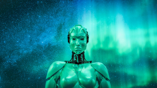 人工智能机器人在北极光下的3D渲染图片下载