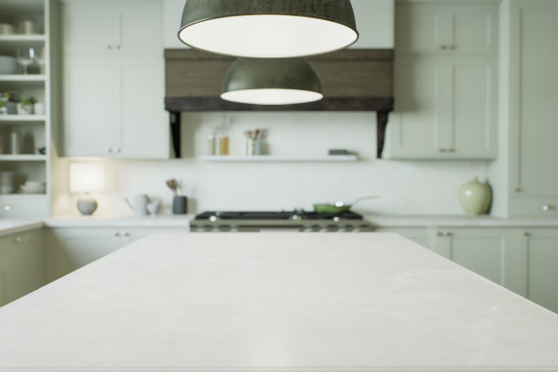 模糊厨房背景，厨房电器和用具，重点放在台面，以展示产品。带有散景的厨房内部。三维渲染图片下载