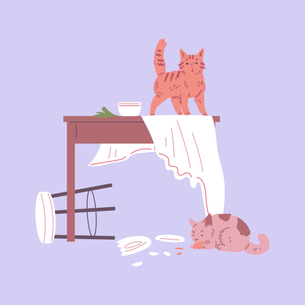两只淘气的猫把餐厅里的盘子弄碎了，餐桌上的桌布和椅子都被撕破了图片下载