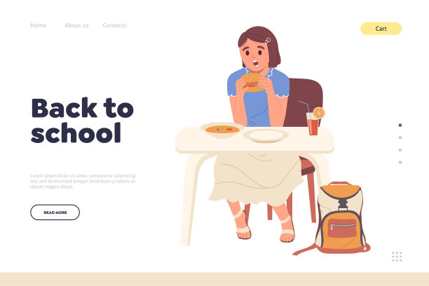 回到学校登陆页模板的概念与快乐的女学生的性格在食堂吃饭图片下载