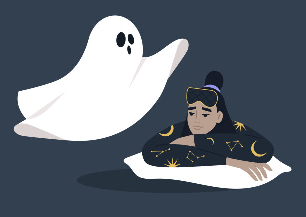 一个穿着睡衣的年轻角色，当他们遇到一个白色的鬼魂时，被恐惧笼罩，描绘了一个夜间恐慌发作的场景图片下载