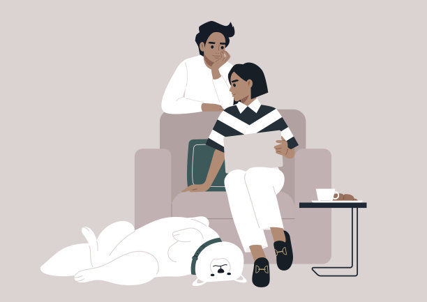 一个角色向另一个角色寻求建议，并分享他们的笔记本电脑屏幕来显示他们的担忧文件，一只有趣的萨摩耶犬仰面躺在他们的脚边图片下载