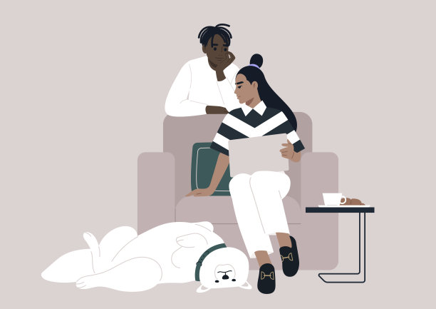 一个角色向另一个角色寻求建议，并分享他们的笔记本电脑屏幕来显示他们的担忧文件，一只有趣的萨摩耶犬仰面躺在他们的脚边图片下载