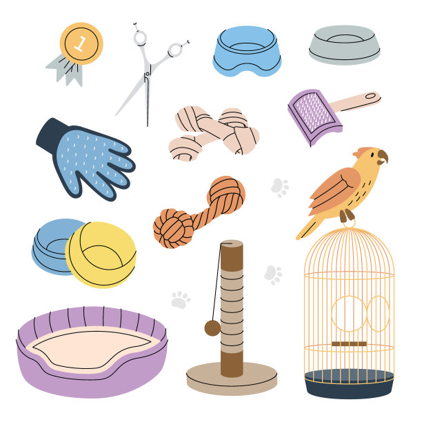 宠物用品集。脱毛手套，鸟笼，猫抓柱，宠物床，枕头睡觉，碗。动物配件，玩具用品。图片下载