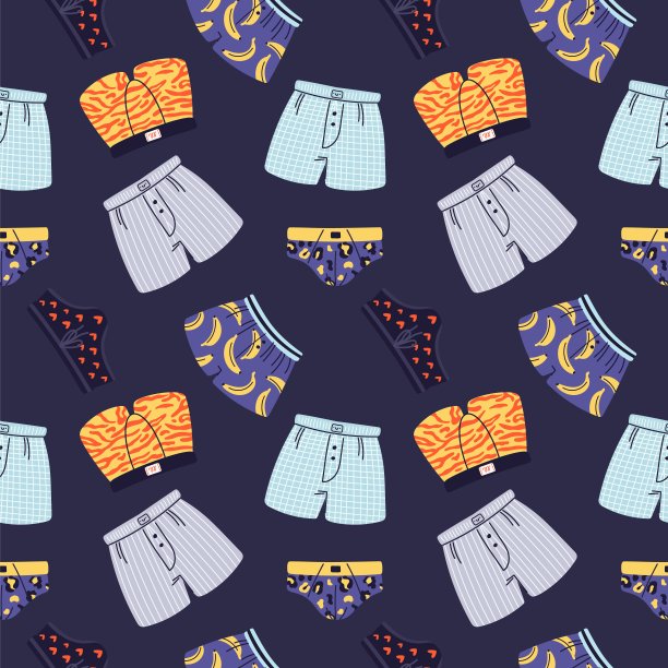 卡通男士内衣无缝图案。男孩内衣。带有滑稽图案的男泳裤和短裤。棉质内衣。内裤和便签。休闲的内裤。花哨的矢量背景图片下载