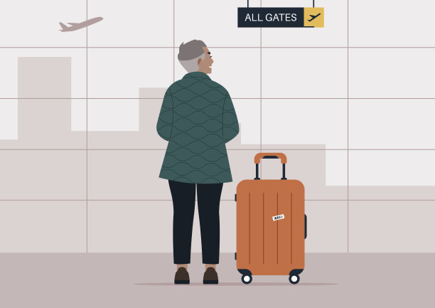 一个年长的女性角色，穿着棉袄，独自乘坐飞机旅行图片下载